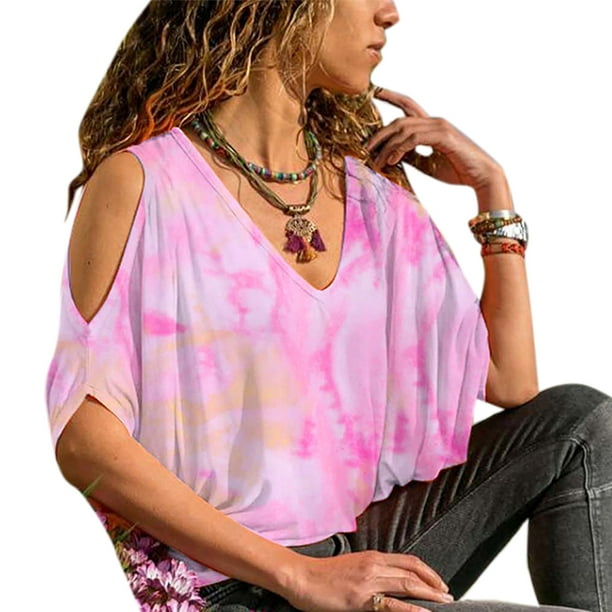 Women Tie Dye Print Cold Shoulder Loose T-shirt Tops Trendy Summer Casual Blouse